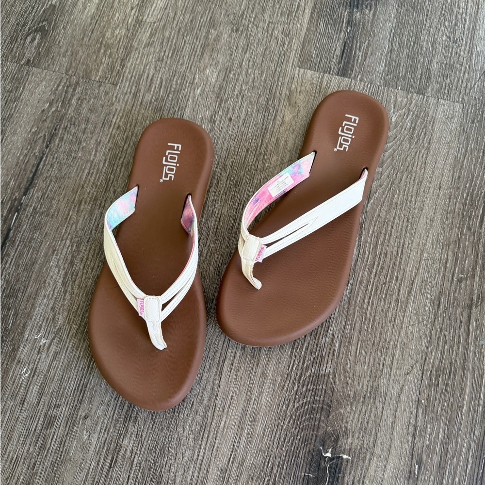 Flojos Brown Footbed Sandal with Pink and Cream Tie-Dye Straps